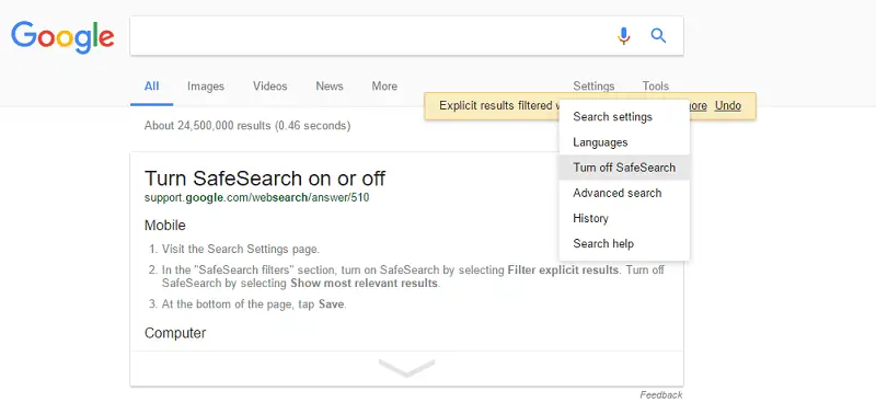 how to turn off google safe search