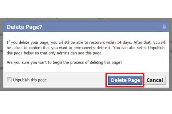 Facebook delete page