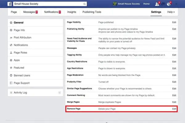 Facebook page settings